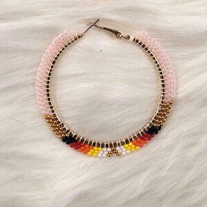 Pink Beaded on Gold Hoop Earrings